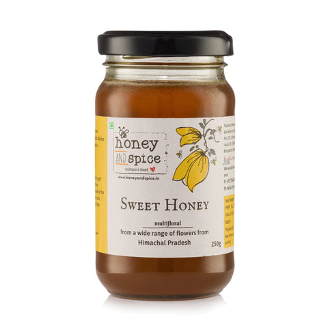 Sweet Honey jar 250g with yellow floral label and multifloral Himachal honey