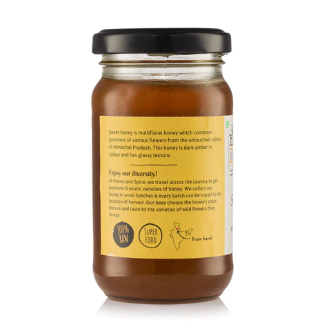 Back of Sweet Honey jar with honey origin, health benefits, and brand story