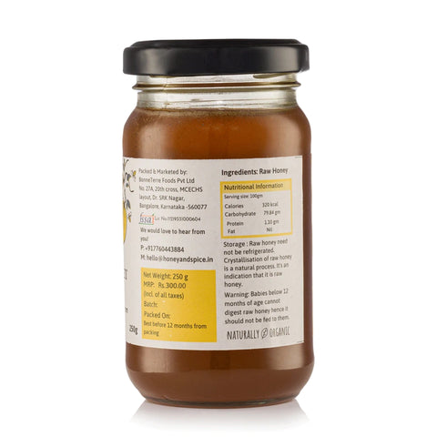 Side label of Sweet Honey showing ingredients, sourcing details, and nutritional info