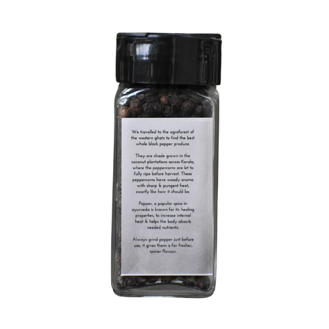 Back label of Whole Black Pepper spice jar with origin and quality info