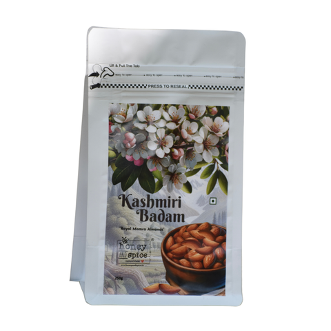 Angled front view of Kashmiri Badam 250g pack – with floral label on white background.