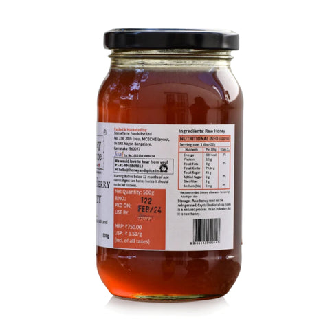 Back view of Wild Berry Honey jar 500g. displaying nutritional info, ingredients, manufacturing details, and barcode.
