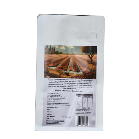 Kashmiri Badam 250g pack back side – Almond orchard image and nutrition info, on white backdrop.