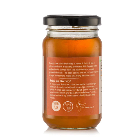 Orange Blossom Honey – Back label showing product details, nutrition, and certifications
