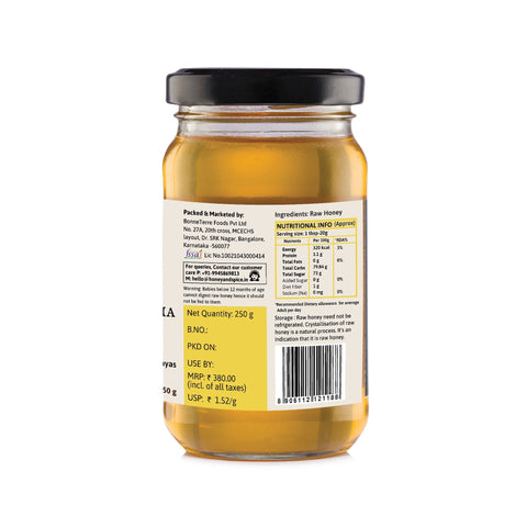 Nutritional information and FSSAI label on Wild Acacia Honey 250g jar
