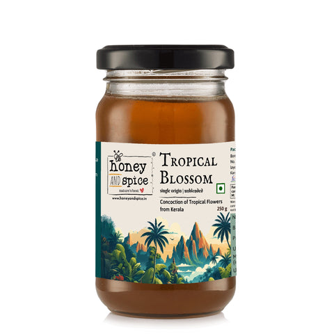 Tropical Blossom raw honey jar 250 g with floral label