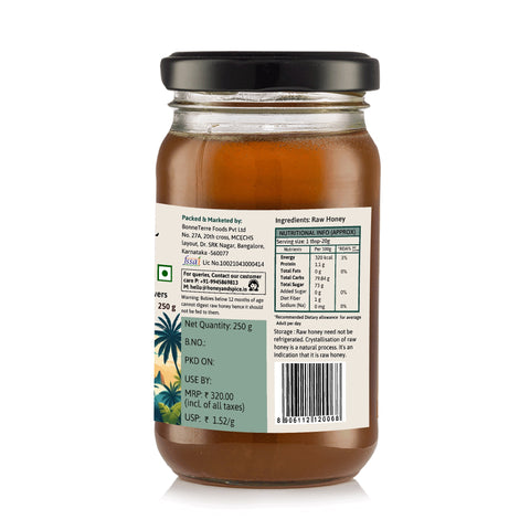 Tropical Blossom honey rear label showing barcode and brand certifications