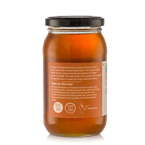 Orange Blossom Honey – Side label with nutritional facts and brand certifications