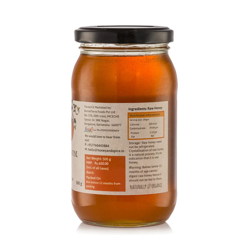 Orange Blossom Honey – Top angled view of front label and transparent golden honey jar