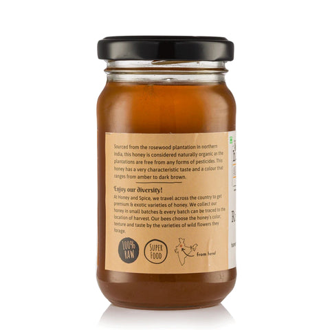 Back label of Rosewood Honey jar showing certifications