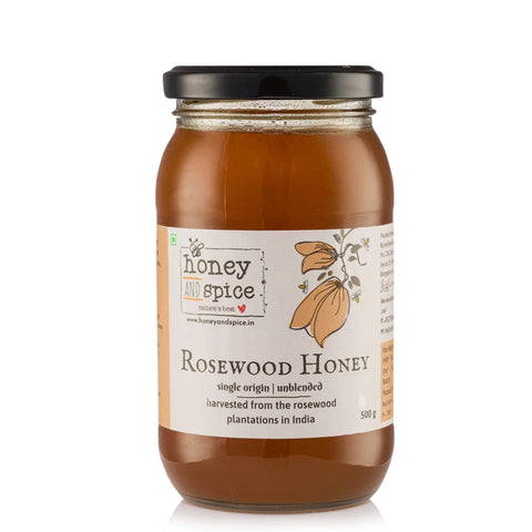 Front-facing Rosewood Honey jar with clean product label