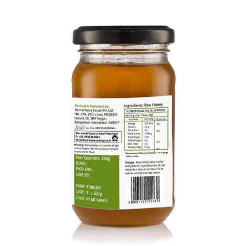 Side view of Buckwheat Honey jar, highlighting nutritional information and product details.