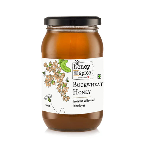 Front view of Buckwheat Honey jars of 500g.