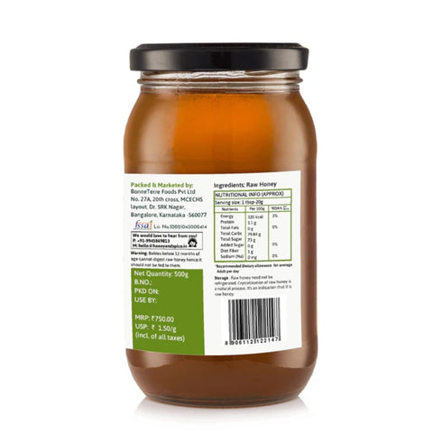 Back view of Buckwheat Honey jar 500g showing clear nutritional facts and product description.