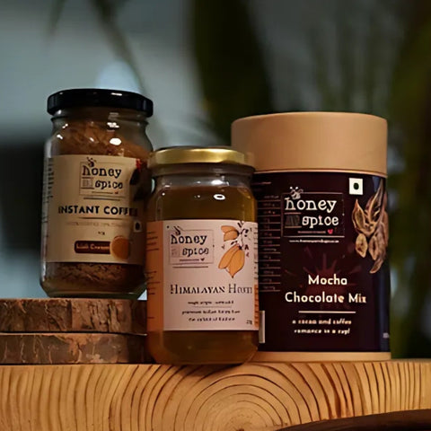 Gift set with honey, mocha mix, and instant coffee – artisanal products on wooden table