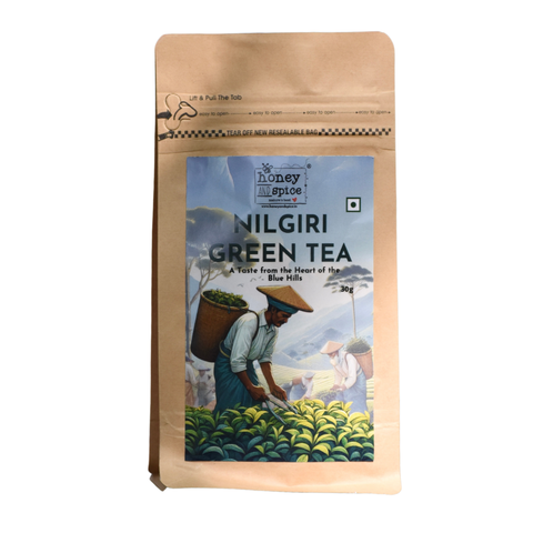 Nilgiri Green Tea front view pack isolated on white – Blue Hills blend with hand-drawn tea pickers.