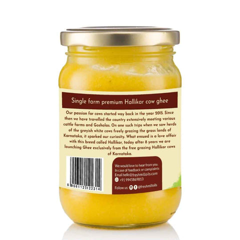 A2 Hallikar Ghee - Back label showcasing story behind Hallikar Cow Ghee.