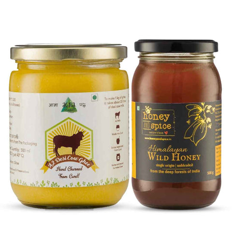 Desi Cow Ghee 500 ml and Himalayan Wild Honey 500 gm jars – Front view on white background