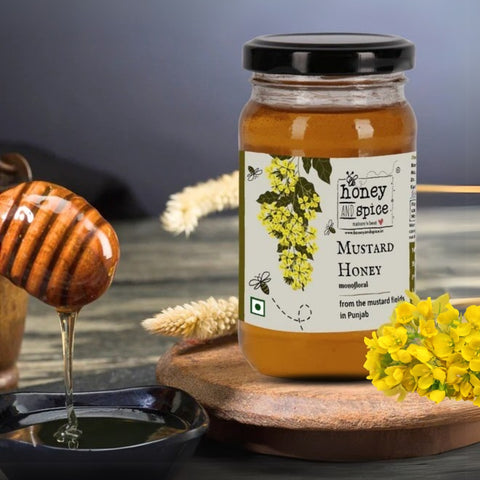Natural mustard honey with dipper and mustard flowers – raw and unprocessed for daily use