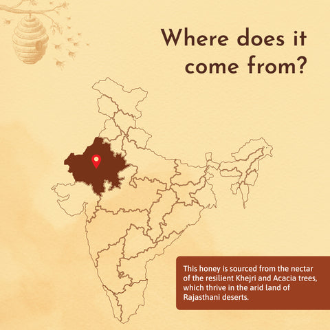 Map of India highlighting Rajasthan as the source of Desert Honey.