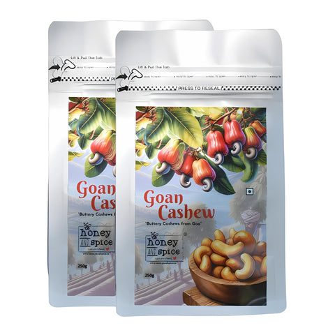 Twin Goan Cashew packs – premium buttery cashews from Goa in combo, with white background.