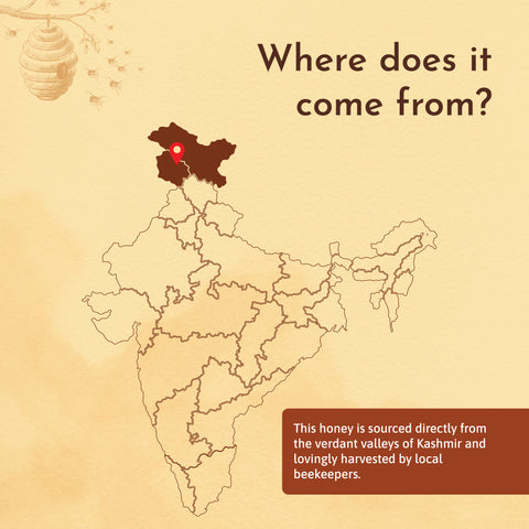 Map of India highlighting Kashmir with text 'Where does it come from?' emphasizing honey sourced from local beekeepers.