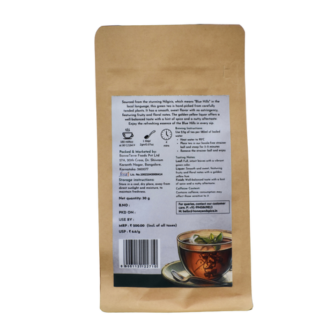 Nilgiri Green Tea 30g back pack on white background – Organic green tea details and instructions.