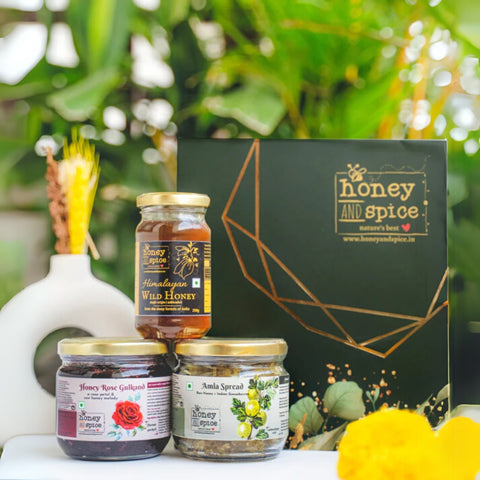 Premium jar collection with Himalayan Wild Honey, Amla Spread, and Rose Gulkand, perfect for gifting.