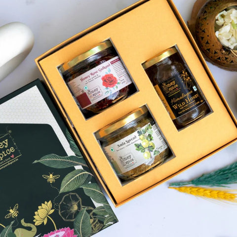Gift set showcasing Wild Honey, Rose Gulkand, and Amla Spread in a beautifully designed box.