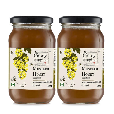 Front view of two Honey and Spice Mustard Honey jars 500g – pure and natural sweetener alternative