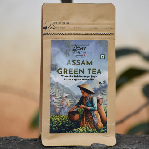 Assam Green Tea 30g pouch on stone surface