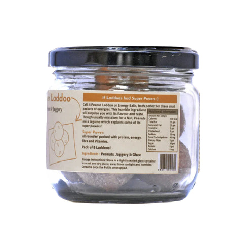 Side view of Super Laddoo jar showing ingredients and nutritional facts