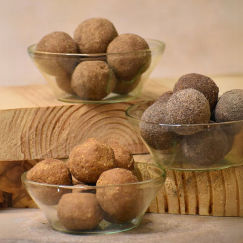 Super Laddoo displayed in glass bowls