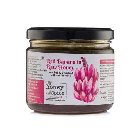 Red Banana in Raw Honey jar, infused with rich nutrients and natural sweetness for health benefits.