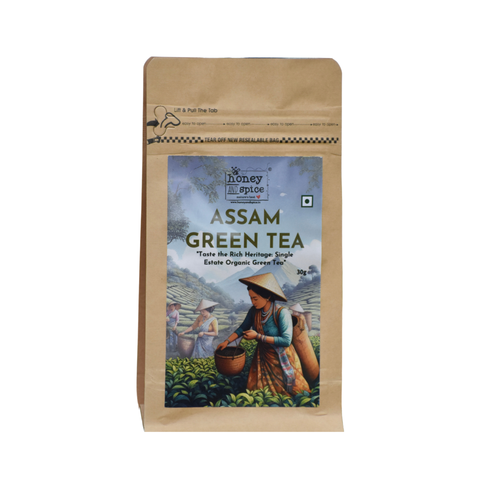 Assam Green Tea front pack isolated on white.