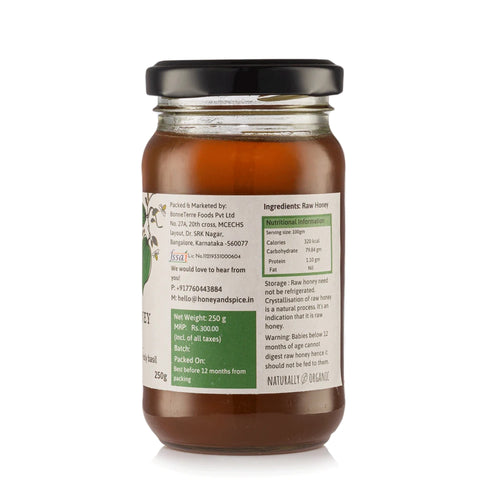 Back of Tulsi Honey jar showing ingredients, batch info, and product origin details