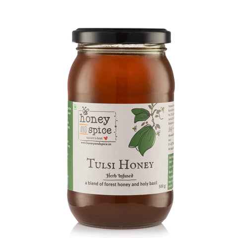 Front-facing jar of Tulsi Honey with herb-infused label design