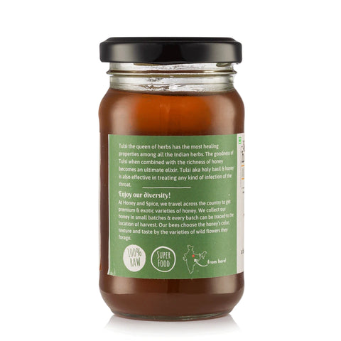 Back label of Tulsi Honey showing health benefits of tulsi and storage instructions