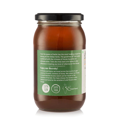 Rear side of Tulsi Honey jar with tulsi usage guidance and wellness tips