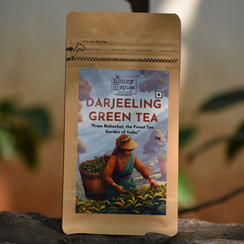 Darjeeling Green Tea 30g pack placed outdoors on stone
