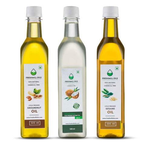 Combo of Three Oil bottle of 500 ml, Groundnut, Coconut, and Sesame oils.