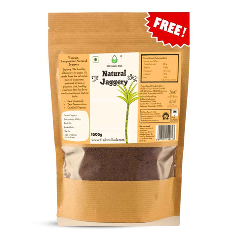 Natural Jaggery 1000g pouch – Free label and nutritional info visible on plain background