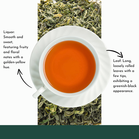 Top view of Nilgiri Green Tea in white cup with rolled leaves – Golden liquor with smooth and floral notes.