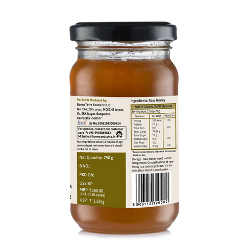Mustard Honey jar showing ingredients, storage instructions, and certifications on label