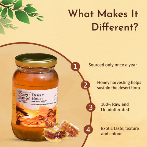 Desert Honey - Sourced once a year, supports desert flora, 100% raw & unadulterated, with exotic taste, texture, and color.