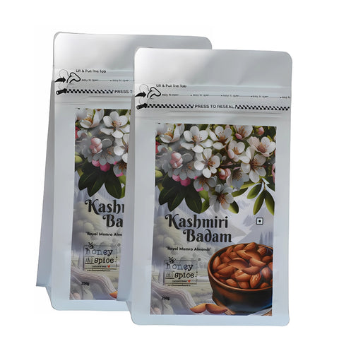 Combo of two Kashmiri Badam 250g packs – Royal Mamra almonds in resealable pouches with white background.