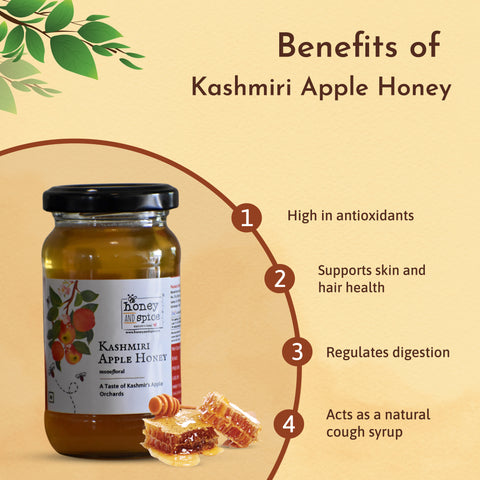 Benefits of Kashmiri Apple Honey Antioxidant-rich, supports skin and hair, regulates digestion, and act natural cough syrup.