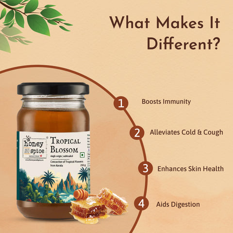 Tropical Blossom honey benefits: boosts immunity, aids digestion, improves skin, relieves cold
