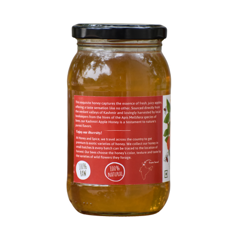 Back view of a Kashmiri Apple Honey jar 500g. showcasing its label with product details, origin, and 100% raw, natural.
