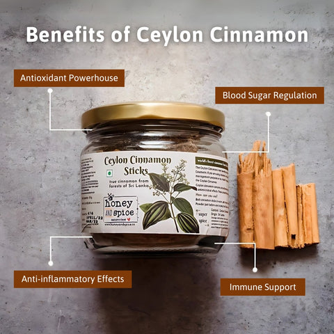 Ceylon Cinnamon jar with labeled health benefits like antioxidants, blood sugar control, and immunity support.